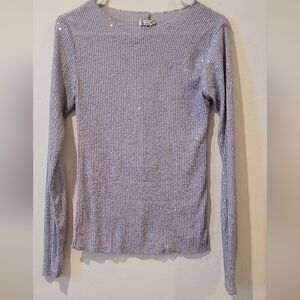 Free People Gray Sequin Fitted Long Sleeve Blouse
